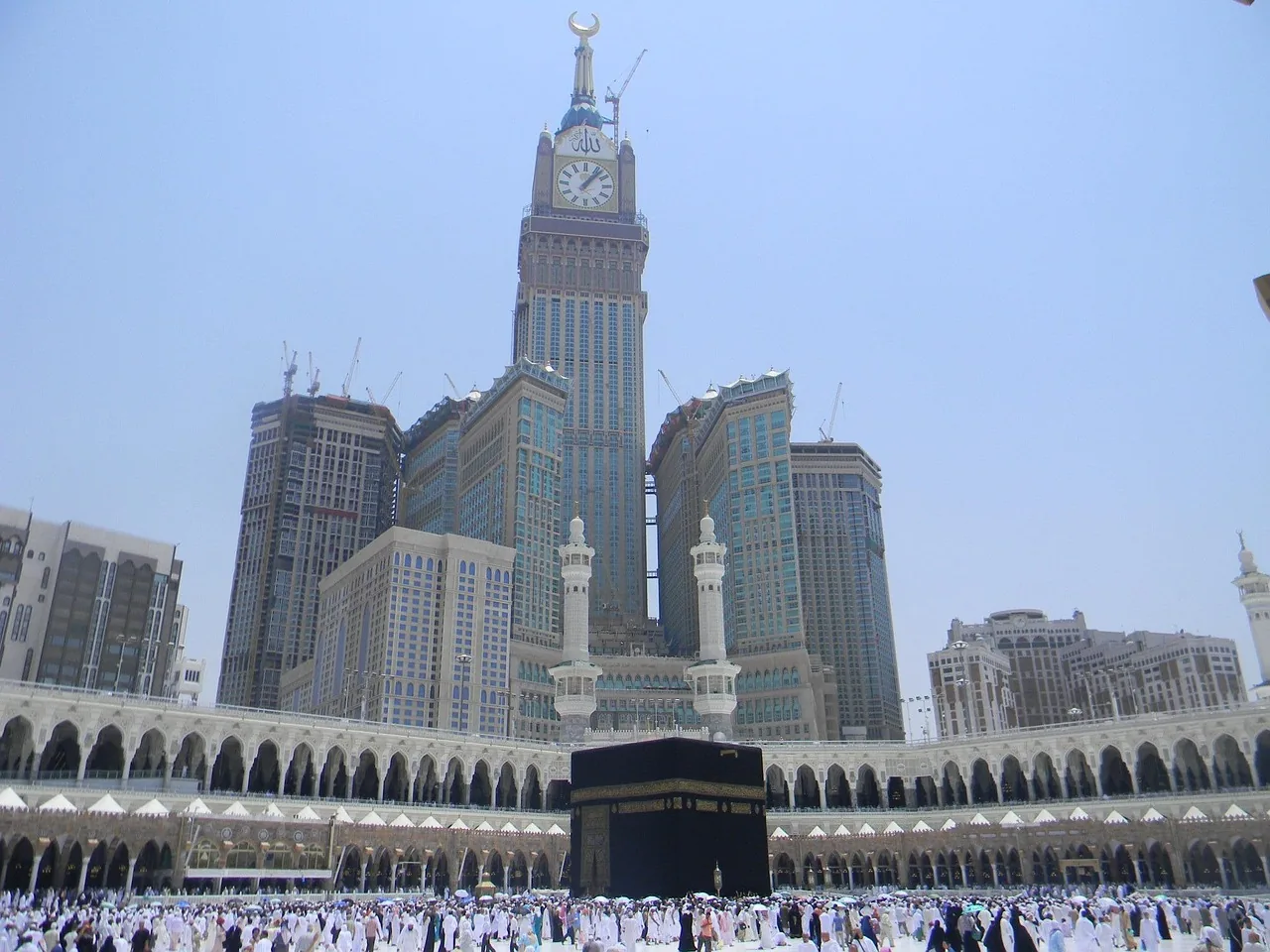 The Kaaba and Makkah Clock Tower during pilgrimage
