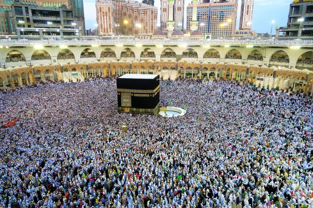 The Kaaba surrounded by worshippers in the courtyard of Masjid al-Haram in Makkah