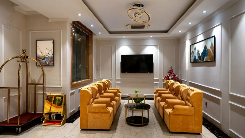 Salón del vestíbulo de un hotel con sillones naranjas y un carro de equipaje, donde empieza a contar el tiempo de una ziyarah corta en La Meca